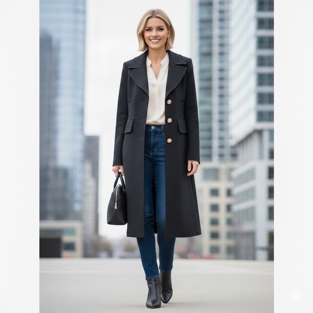 Banana Republic Womens Single-Breasted Wool‎ Twill Military Black Coat Small
